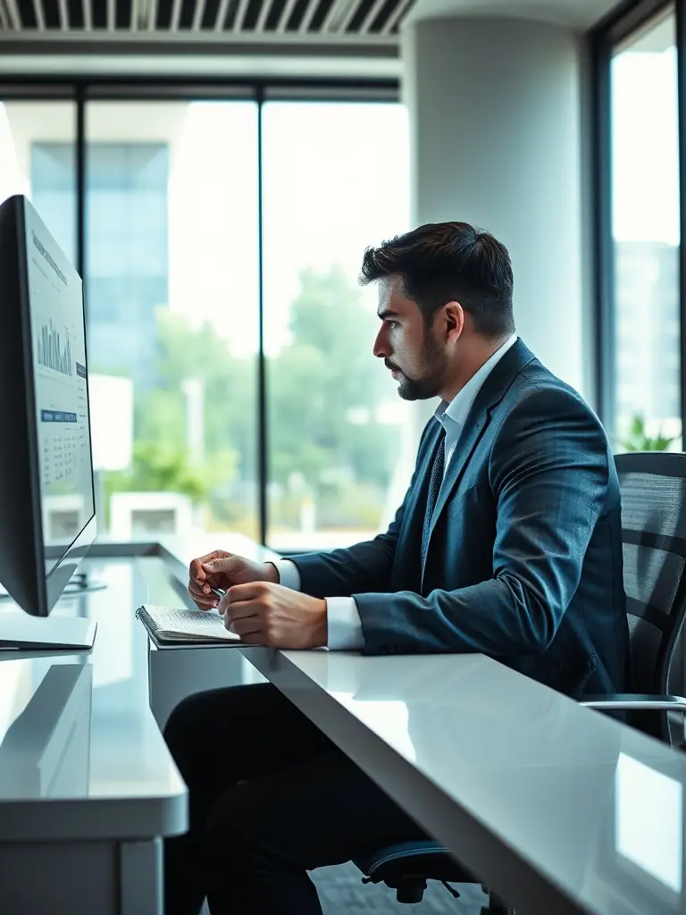 A professional accountant reviewing financial documents in a modern office setting, representing simplified accounting services for a small business.