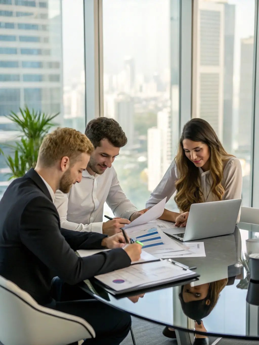 A modern office space with accountants working on laptops, symbolizing Studio Rossi & Partner's modern approach to accounting.