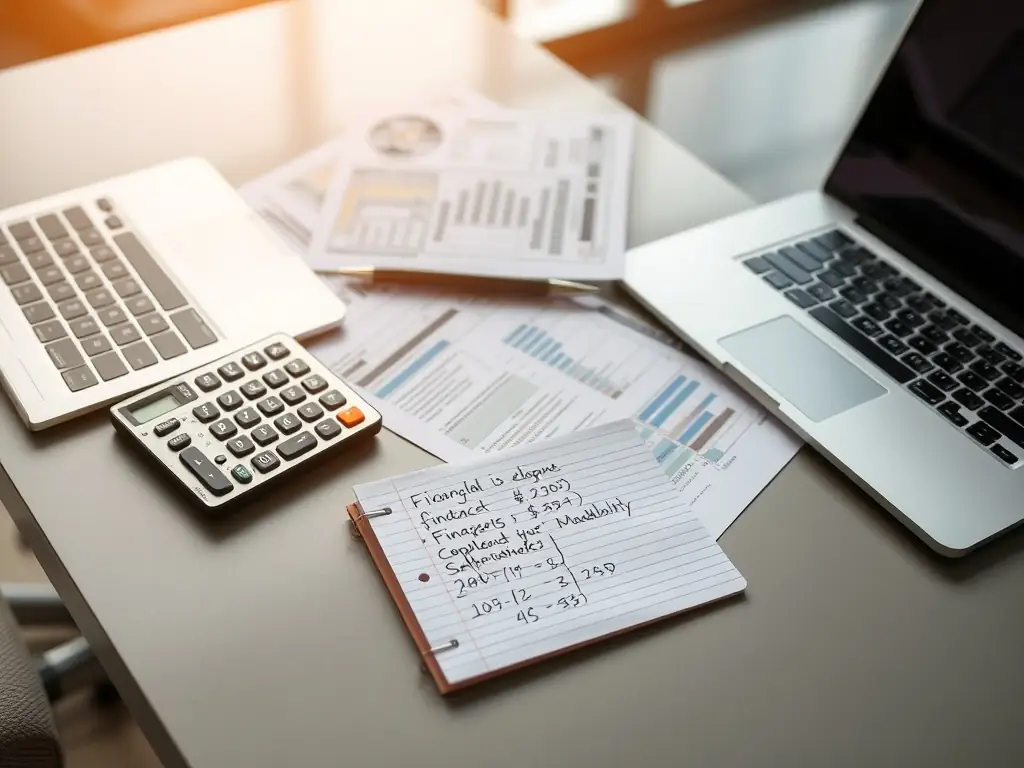 A modern workspace with financial documents, a calculator, and a laptop, symbolizing Studio Rossi & Partner's accounting and bookkeeping services.