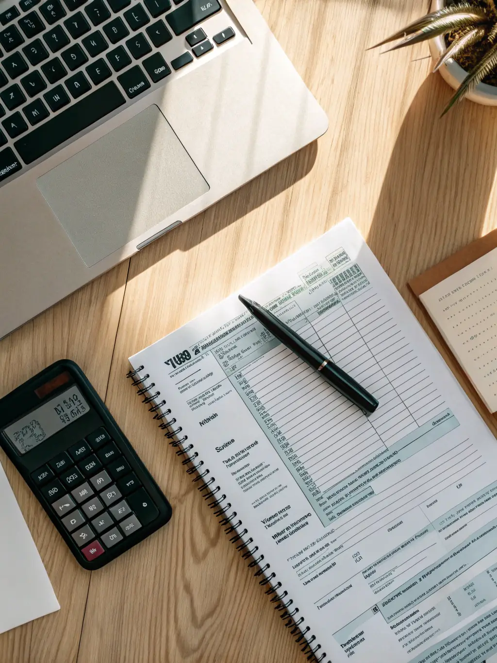 A stack of tax forms and a calculator on a desk, symbolizing tax return services offered by Studio Rossi & Partner.